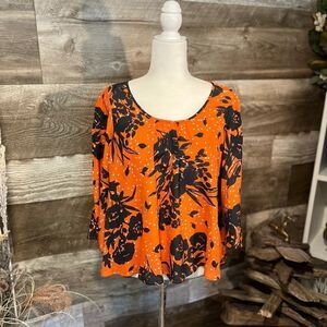 Trinity orange and navy floral wide sleeve silk blouse - M